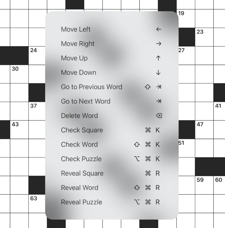 Screenshot of Black Ink for iOS showing a full list of keyboard shortcuts for puzzle navigation, etc.