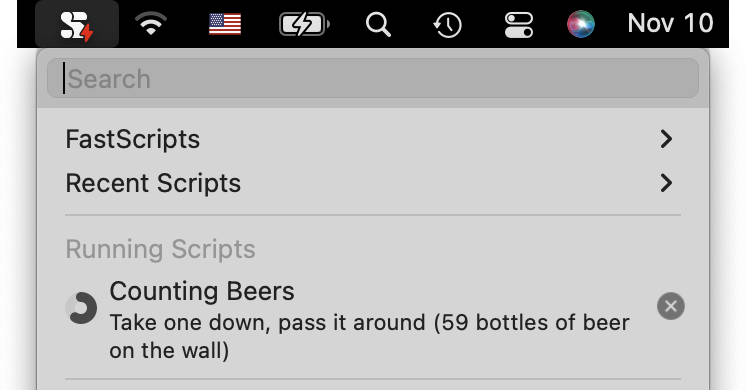 screenshot of FastScripts menu with running script showing feedback with radial progress and text updates