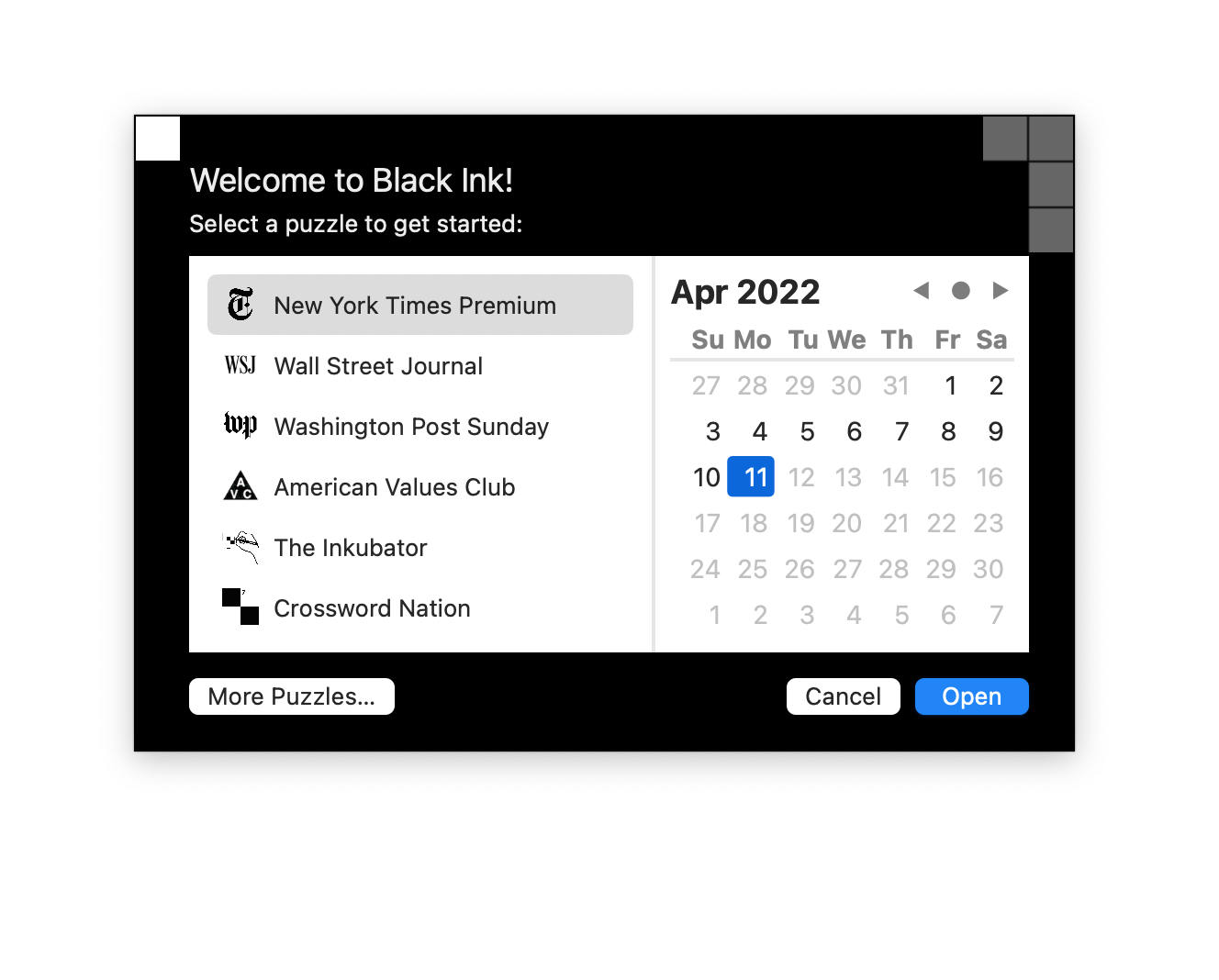 Screenshot of Black Ink for Mac showing a list of publications with calendar interface for selecting a puzzle.