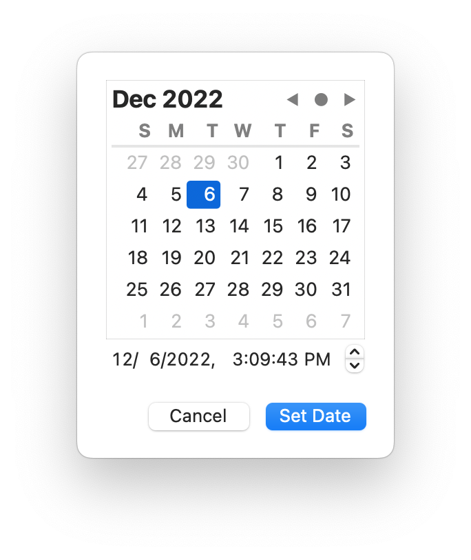 Screenshot of MarsEdit 5's new calendar interface for setting dates