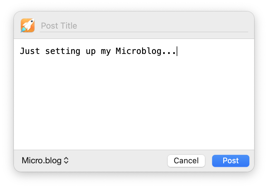 Screenshot of the MarsEdit micropost panel, featuring a simple design with space for title, short message, blog selection, and cancel and post buttons