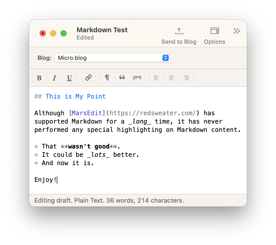 screenshot of MarsEdit window with Markdown text visually styled