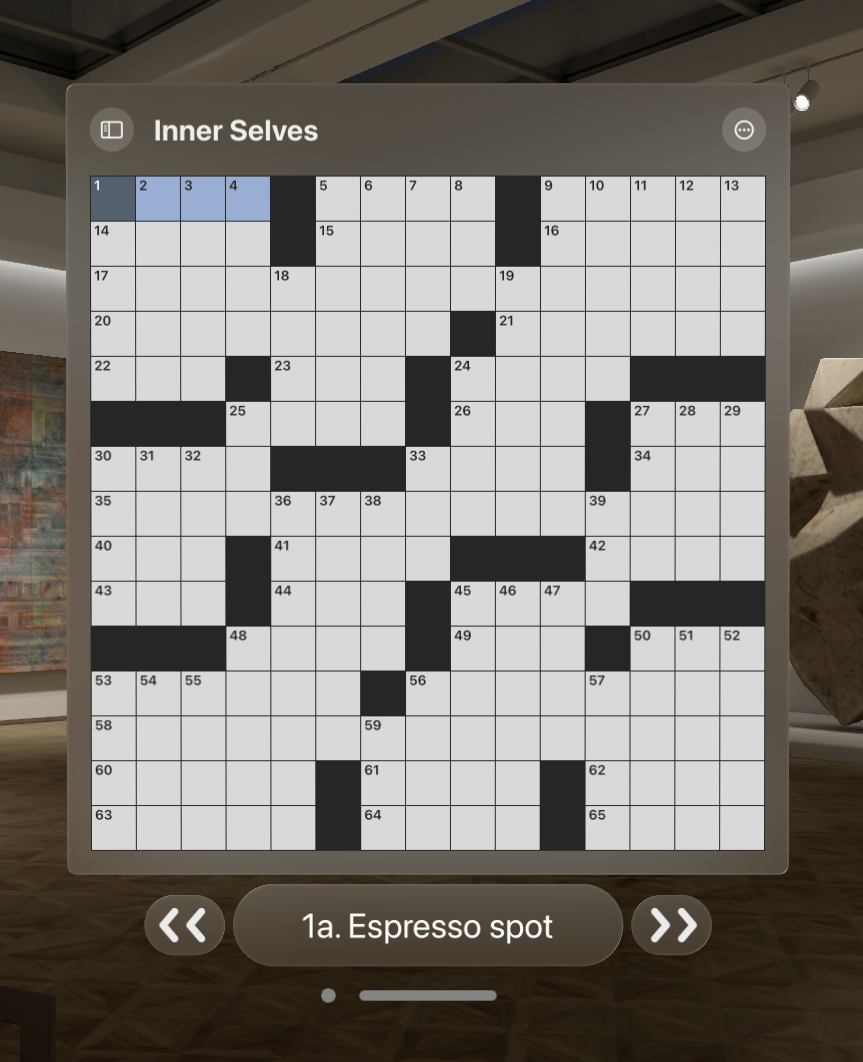 Screenshot of crossword puzzle solving interface in Apple Vision Pro glass-like style
