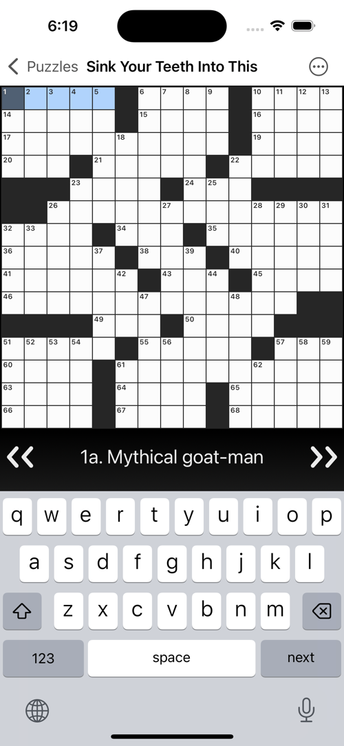 Screenshot of Black Ink crossword solving app for iPhone