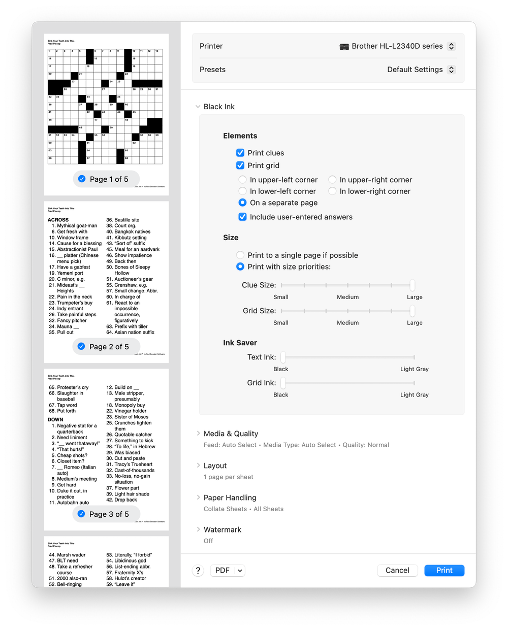 Screenshot of the Black Ink printing panel, showing the range of new options including size sliders for clue size and grid size, as well as sliders for separately controlling the "Ink Saver" levels for clue text and the grid.