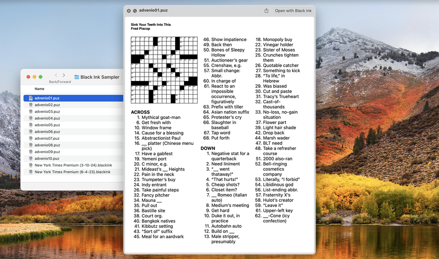 Screenshot of Mac screen with an open Finder window and a puzzle file selected. Above it floats a Quick Look window featuring the contents of a crossword puzzle including grid and clues.