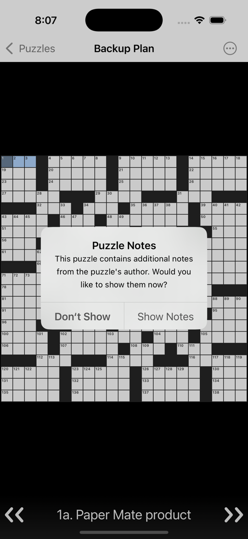 Screenshot of Black Ink showing a prompt asking whether you'd like to read the notes provided by the puzzle's author.