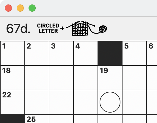 Screenshot of a portion of a crossword solving window, showing the clue text "67d." followed by an image of the words "CIRCLED LETTER" and a drawing of a knitted sweater and ball of yarn.