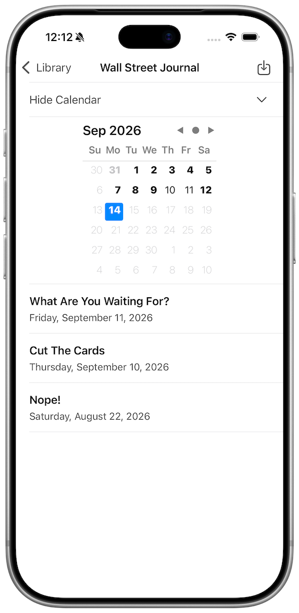 Screenshot of Black Ink running on iPhone wth a calendar based interface for browsing available puzzles.